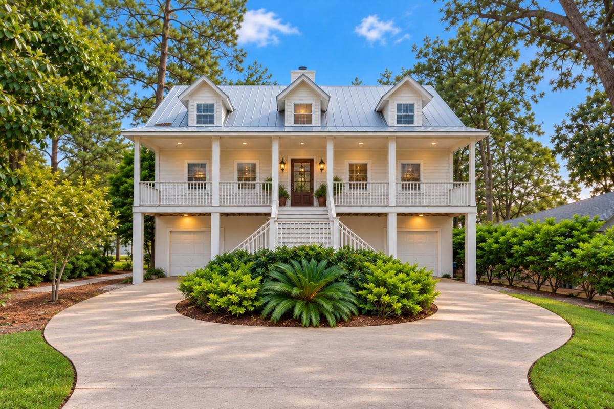 Large white two-story farmhouse with metal roof, wraparound porches, and curved driveway lined with tropical landscaping